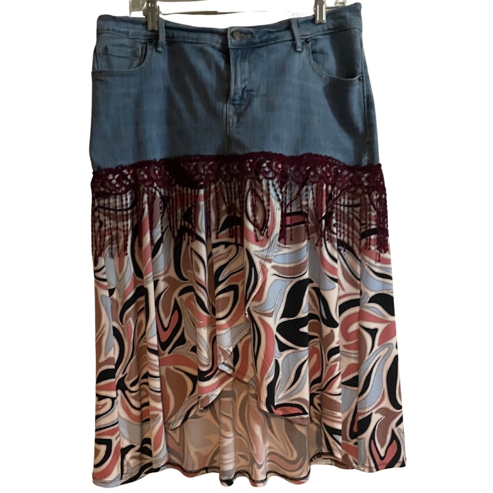 Handmade Reimagined denim skirt made from jeans.